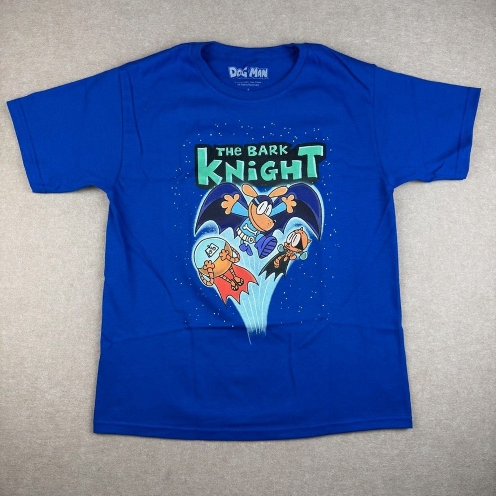 Dog Man Bark Knight Movie Shirt Kids‎ 8 Blue Graphic Cartoon Comic Tee Cotton